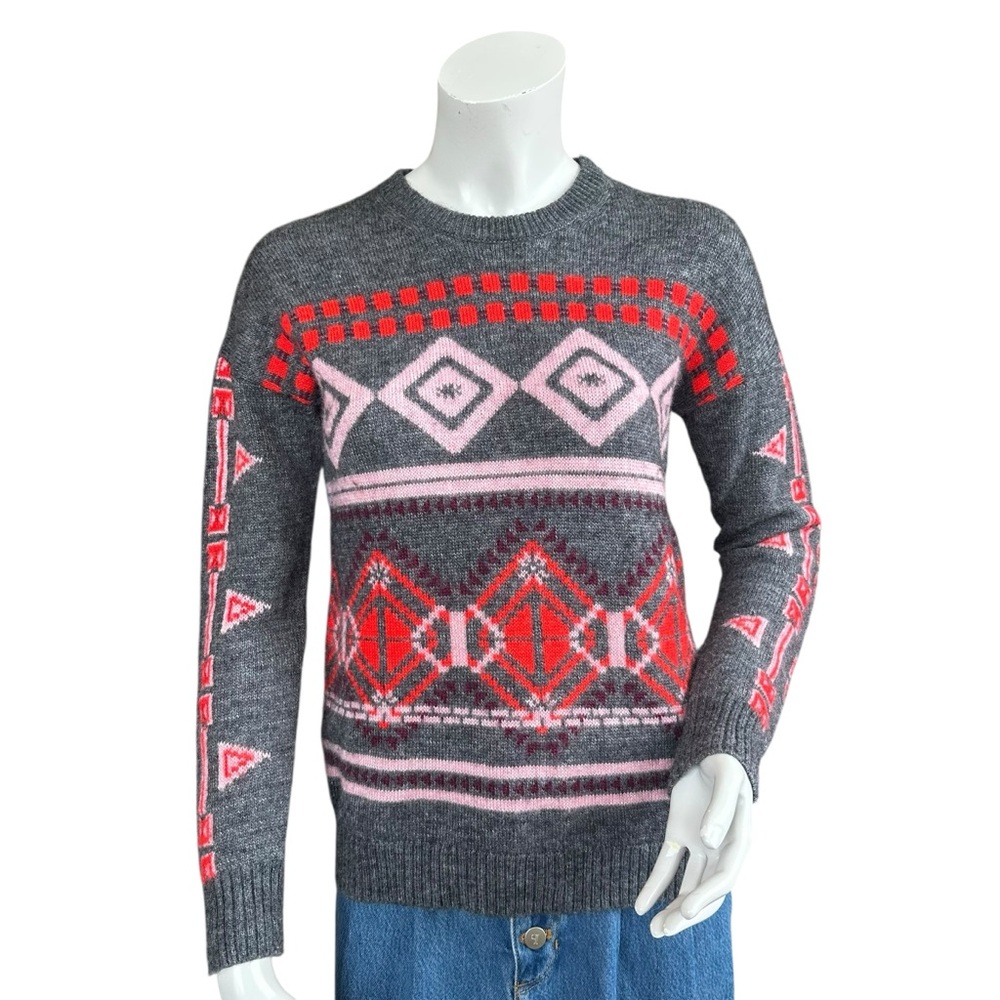J Crew Gray Pink Red Abstract Fair Isle Wool Mohair Blend Sweater Size Small